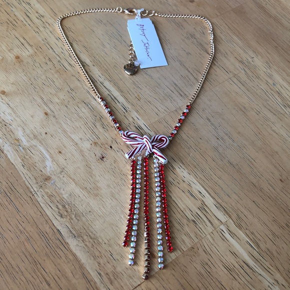 Betsey Johnson Gold Tone Candy Cane Bow Pendant Necklace Crystal Fringe NWT - Picture 2 of 12